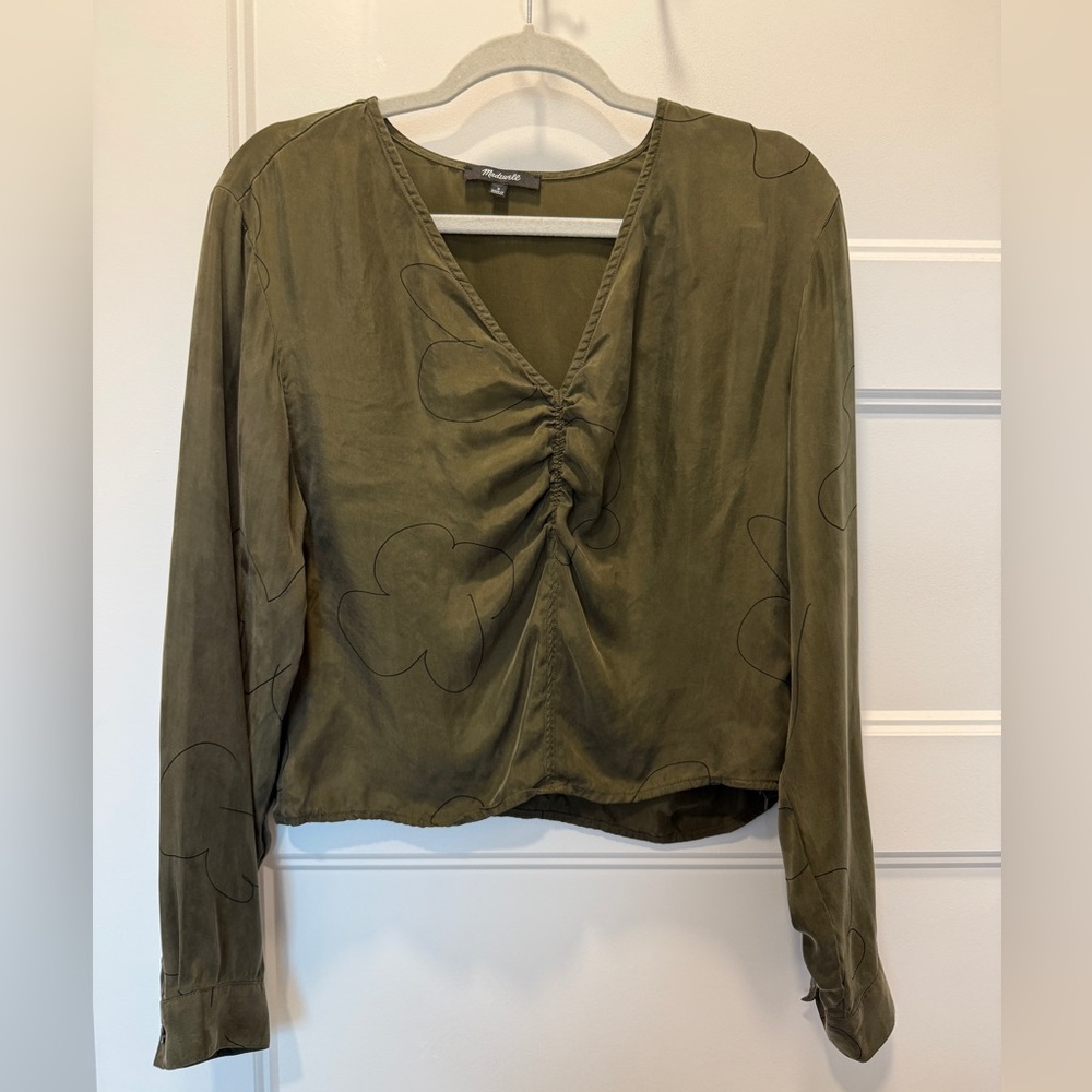 Madewell Ruched Front Blouse Size 8 Olive Green Cupro V Neck Top